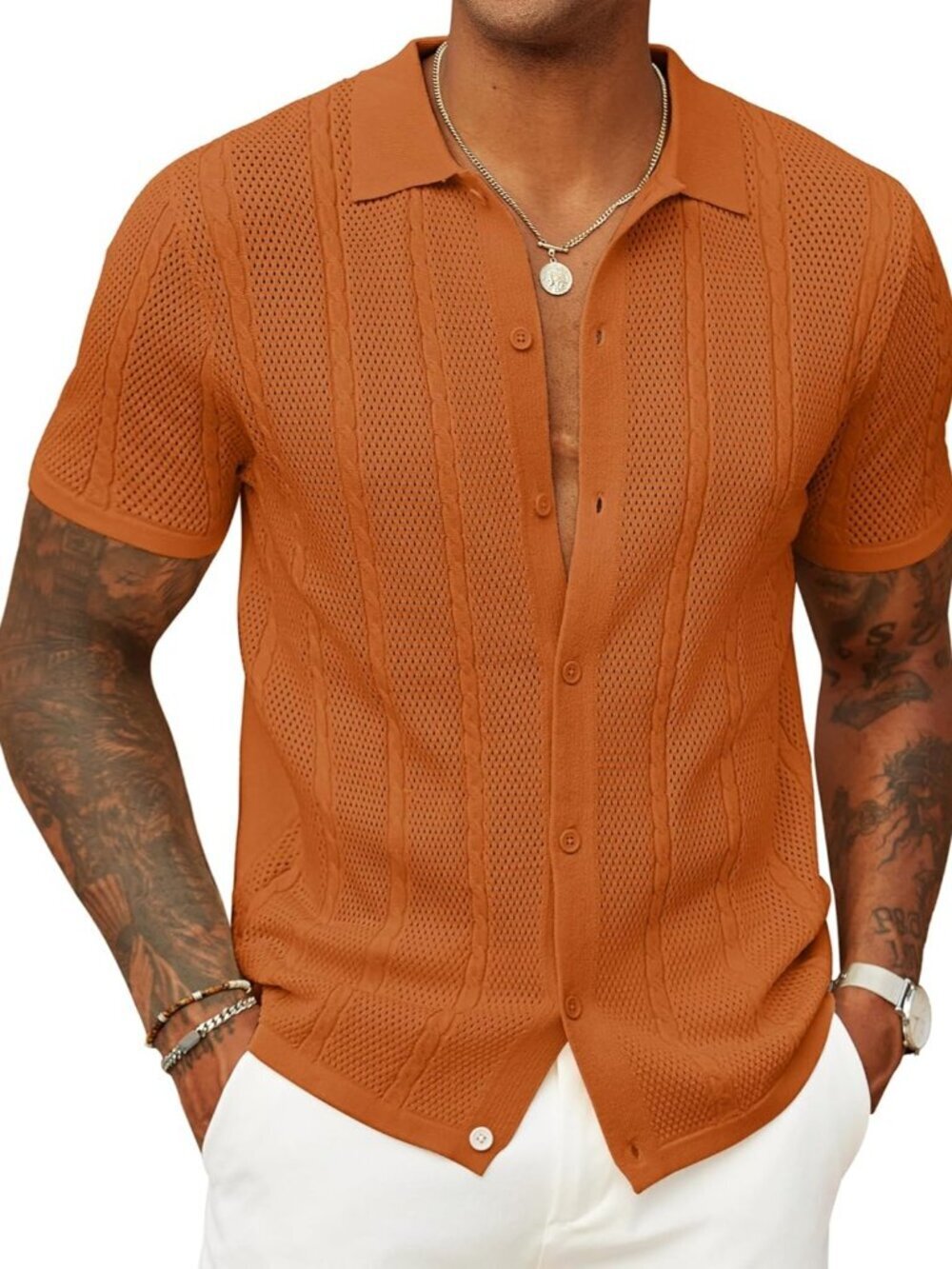 Men’s Light Brown Knit Button-Down Polo Summer Beach Casual Top Shirt